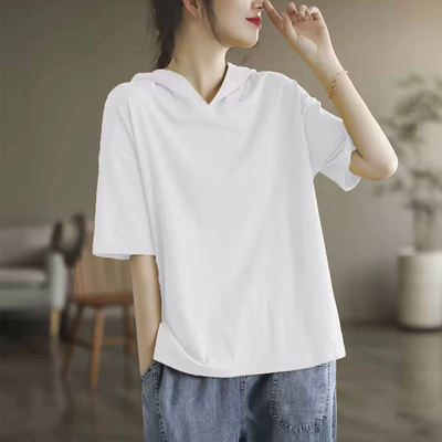 Italian brand's original order for foreign trade clearance, fashionable pure cotton short-sleeved T-shirt, loose and slimming hooded top for women in summer