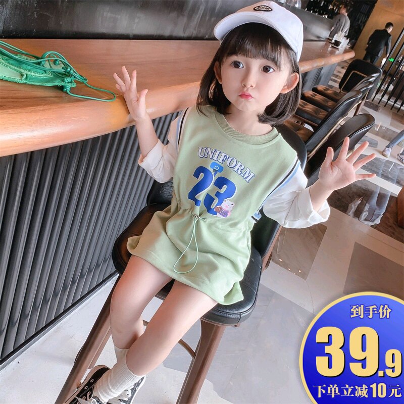 Girls ' clothing autumn 2021 new Western style children's Korean cartoon sweater skirt baby fake two-piece skirt dress