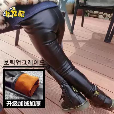 Korean girls ' winter plus velvet thickened inner pants female baby small children's clothing pants warm PU leather pants 0-1-2-3 years old 4