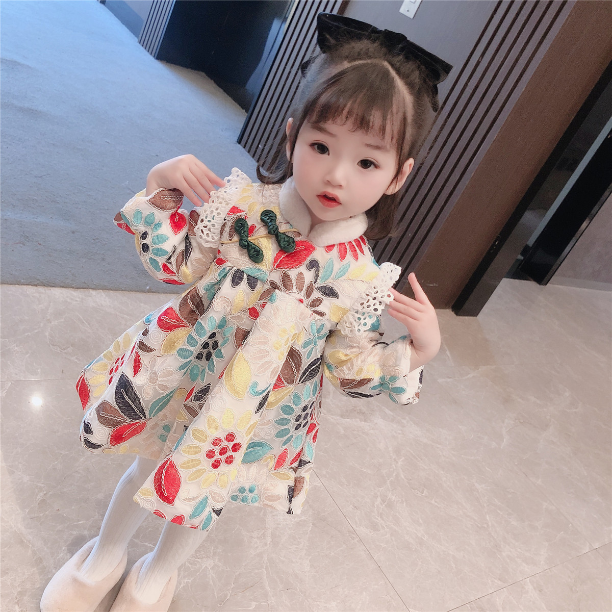 Beiyr clothes girl foreign dress plus velvet thickened winter Tang fit children's qipao New Year dress women's baby hanfu dresses