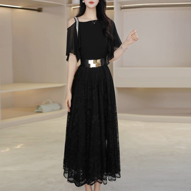Black French-Style Light Luxury Dress, 2026 Summer New Design, Waist-Cinching, Slimming, Age-Reducing, Mid-Length Dress