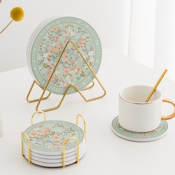 Fresh and simple floral ceramic heat-insulated and anti-scalding dining table waterproof pot mat nordic retro round water coaster anti-slip