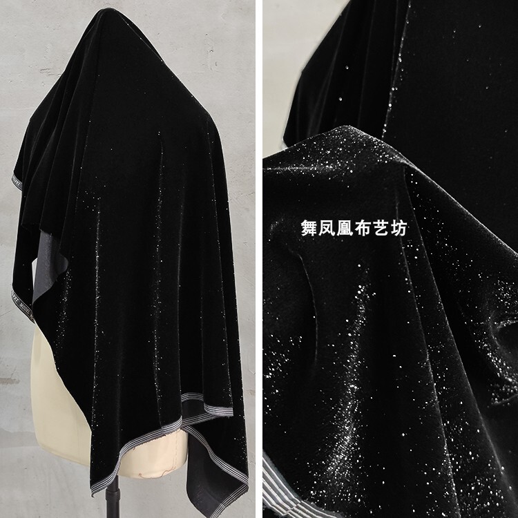 Black Diamond Glitter Velvet Fabric with Silver Dots, Shiny and High-End Dress Fabric