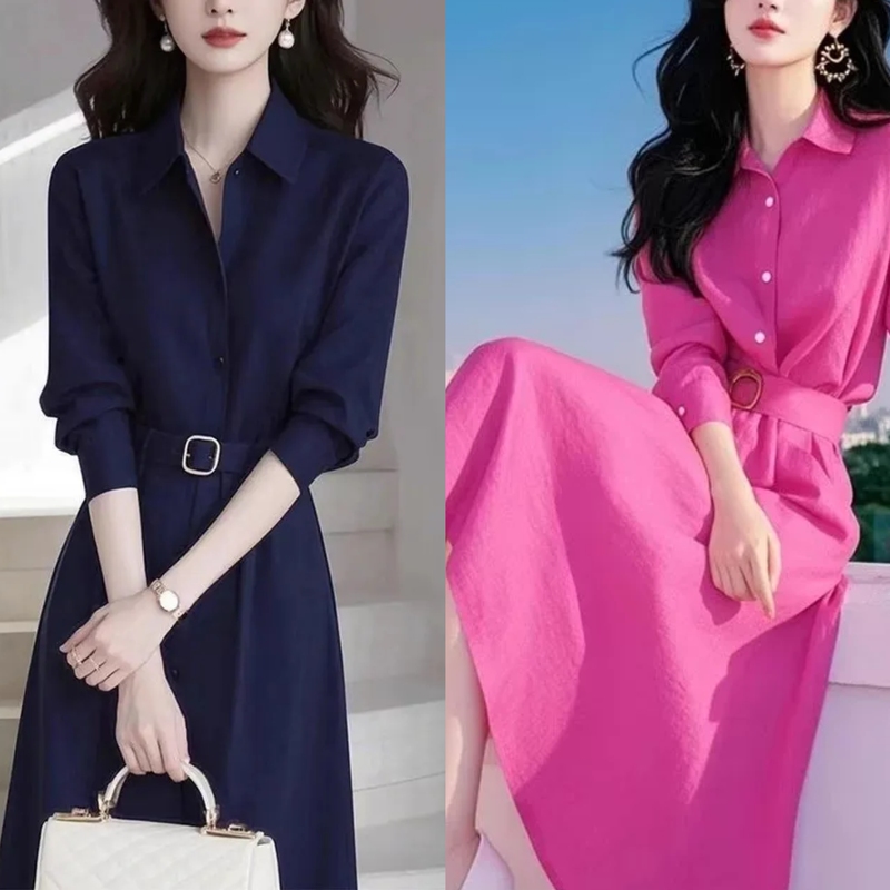 French-Style Elegant Blue Shirt Dress for Ladies, Light Luxury and High-End Feel, Formal Occasion Waist-Cinching Mid-Length Dress for Women