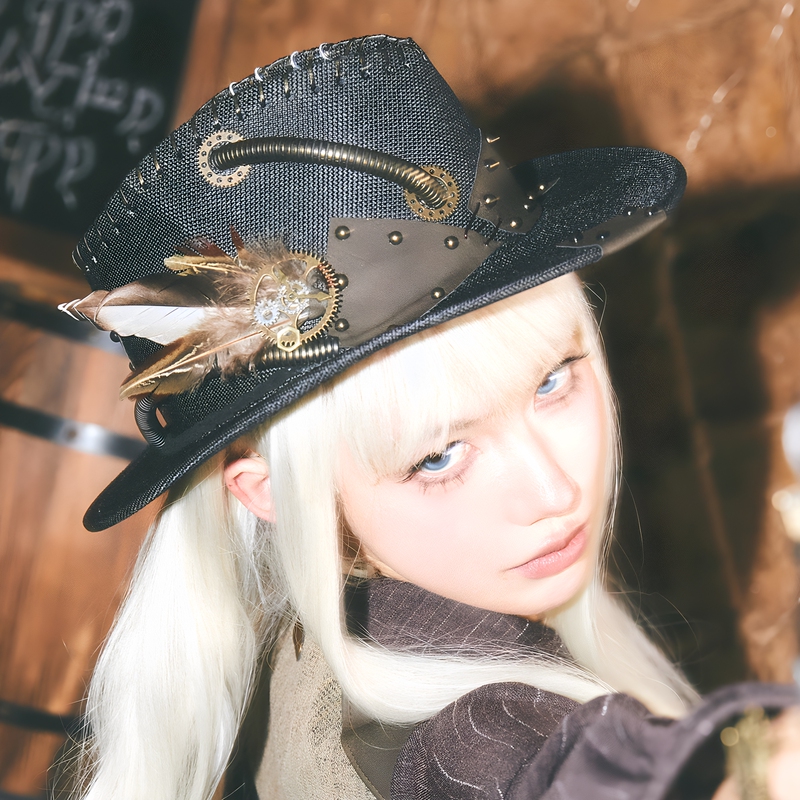 Mr. Yi's Steamland Feather Leather Decorated Wasteland Industrial Jazz Hat Handmade Top Hat Cowboy Hat