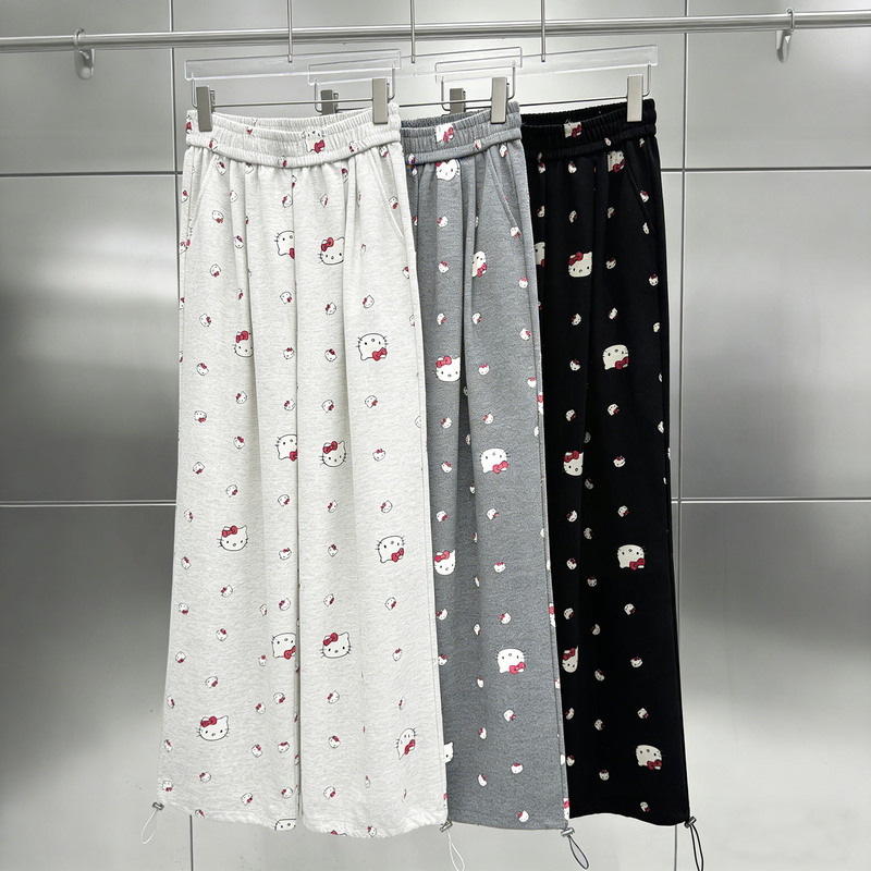 Cartoon Print Casual Straight-Leg Pants for Women, Spring High-Waisted Loose Slimming Drawstring Cuffed Straight-Leg Kt Cat Wide-Leg Pants