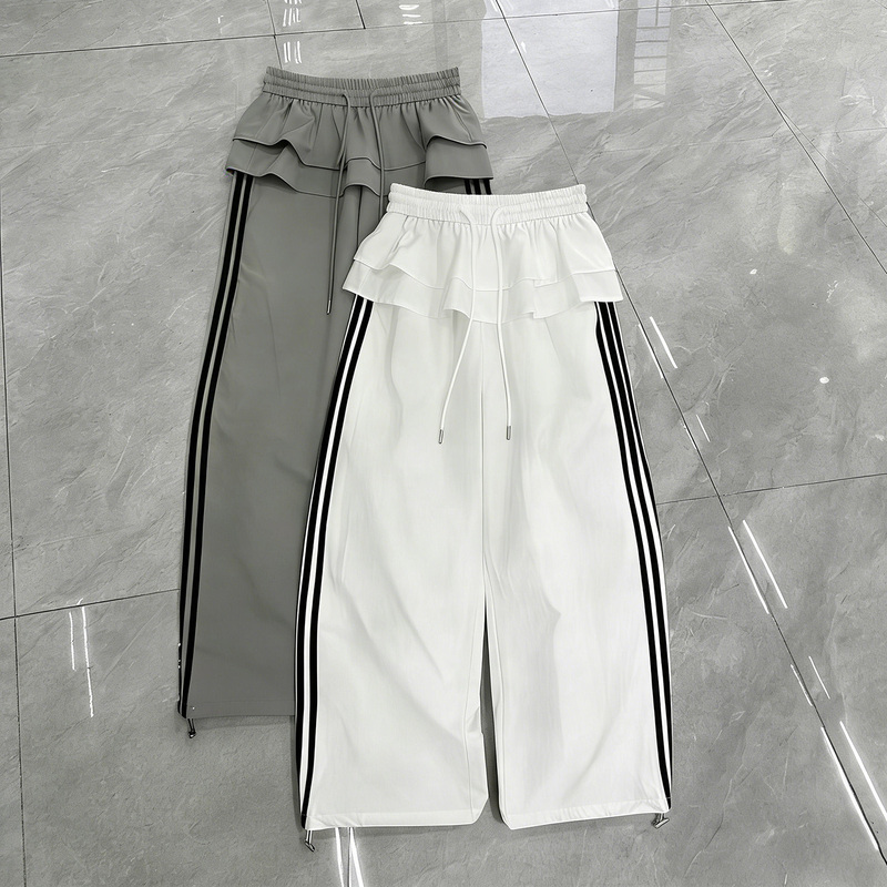 Double-Layered Sports Casual Pants for Women, Summer Thin Style, Adjustable Cuffs, Wide-Leg, Three Stripes, Side Stripes, Quick-Dry Cargo Pants