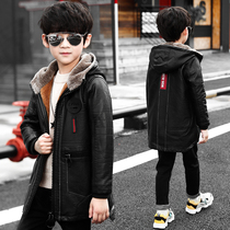  Boys  autumn and winter leather clothes 9 ten 10 middle and large childrens boys 13 plus velvet thick PU leather mid-length jacket 12-15 years old