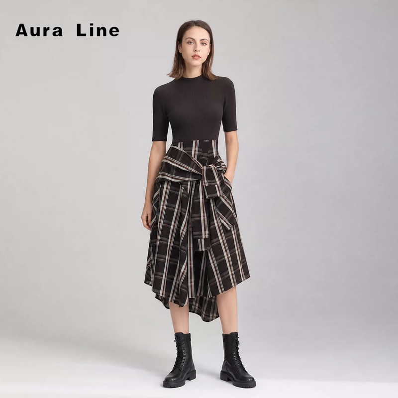 2026 Autumn New Style Simple Detachable Skirt Plaid Patchwork Long Dress Round Neck Short Sleeve Versatile A-Line Dress