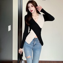 V Collar Knit Undershirt Woman 2022 Chunqiu New cross Coloured foreign pistachio Skinder with slim long sleeves Nets