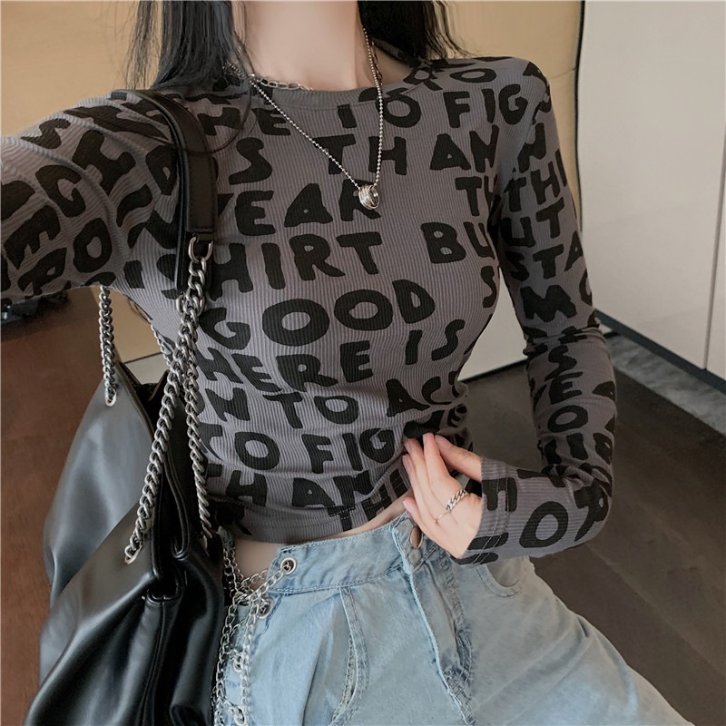 Undershirt woman 2022 Spring autumn new port Taste Tight pure cotton Short Fried Street with long sleeves T-shirt blouses woman