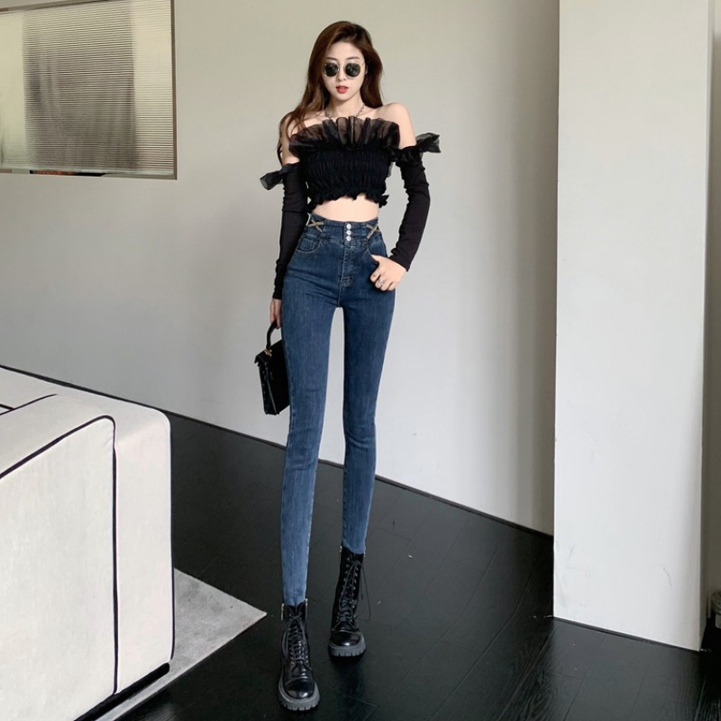 Gush Jeans Woman Little Guy 2022 Winter New Tide High Waist Elastic Tight Body Slim Lift Hip small foot boot pants