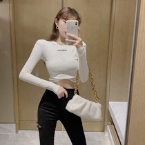 White letters T-shirt woman 2021 Fall new Long sleeves Port Wind Body Temperament short Tight Hooded Blouses Undershirt