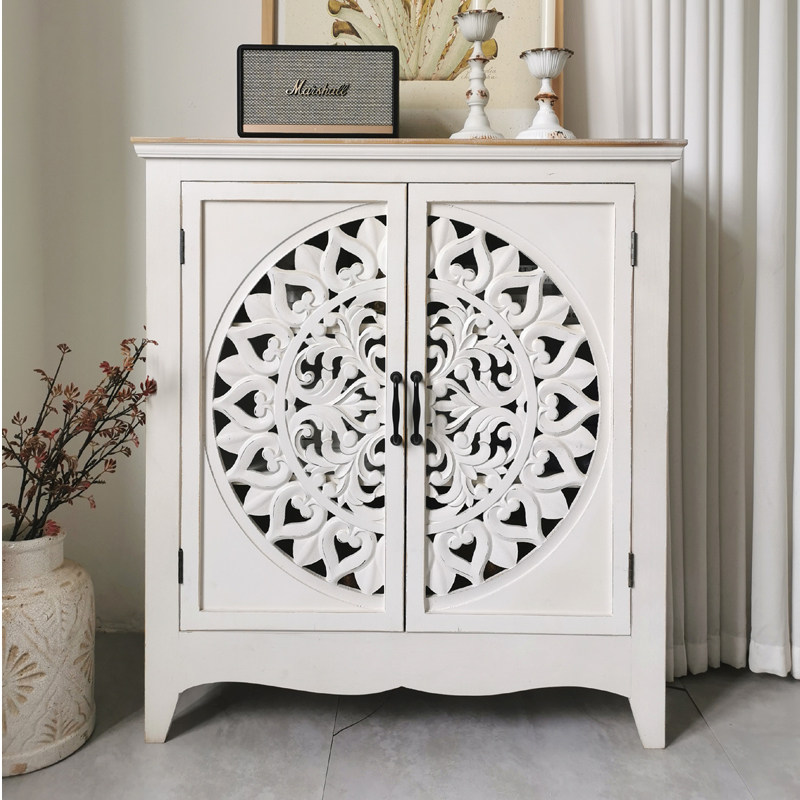 Eurostyle style American countryside wind retro solid wood sculpted floral closed dining cabinet short cabinet Shoe cabinet Sub-side cabinet