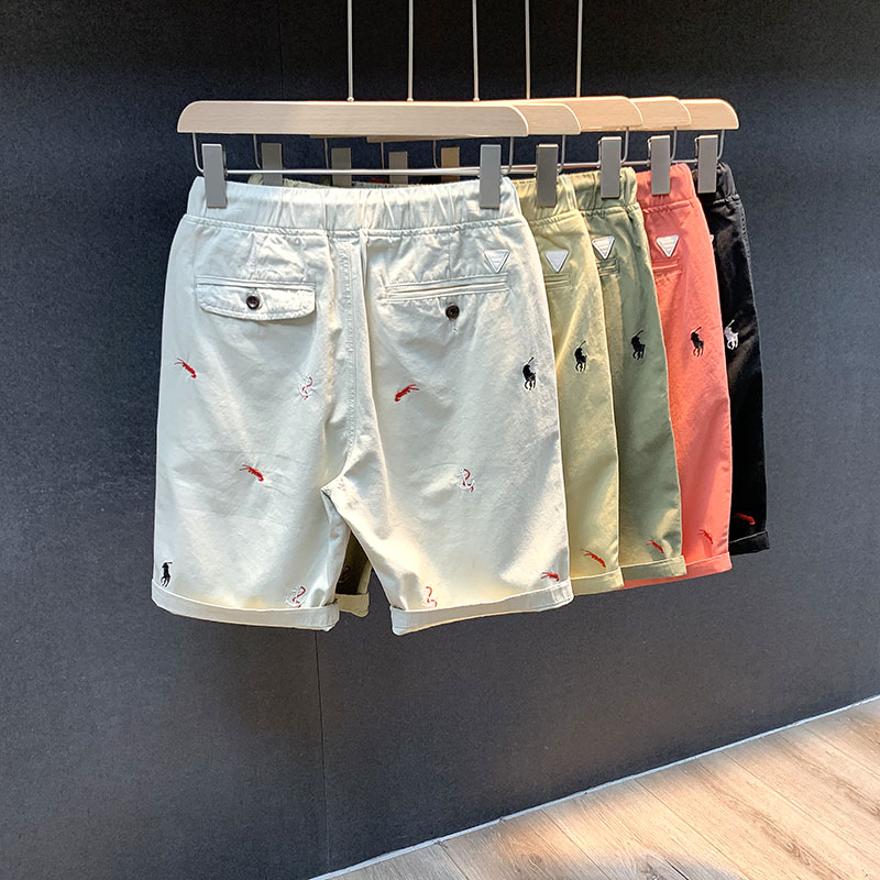 Pure cotton embroidery tightness waist casual shorts male tide card ins loose 50% pants Korean version Trend 50% Pants Summer