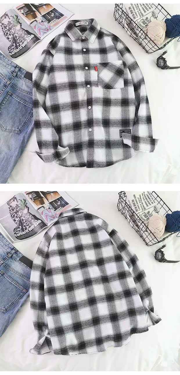 Mùa thu Nhật Bản ve áo kẻ sọc kẻ sọc dài tay nam lỏng lẻo phong cách Harajuku xu hướng áo sơ mi nam giản dị áo khoác sơ mi nữ