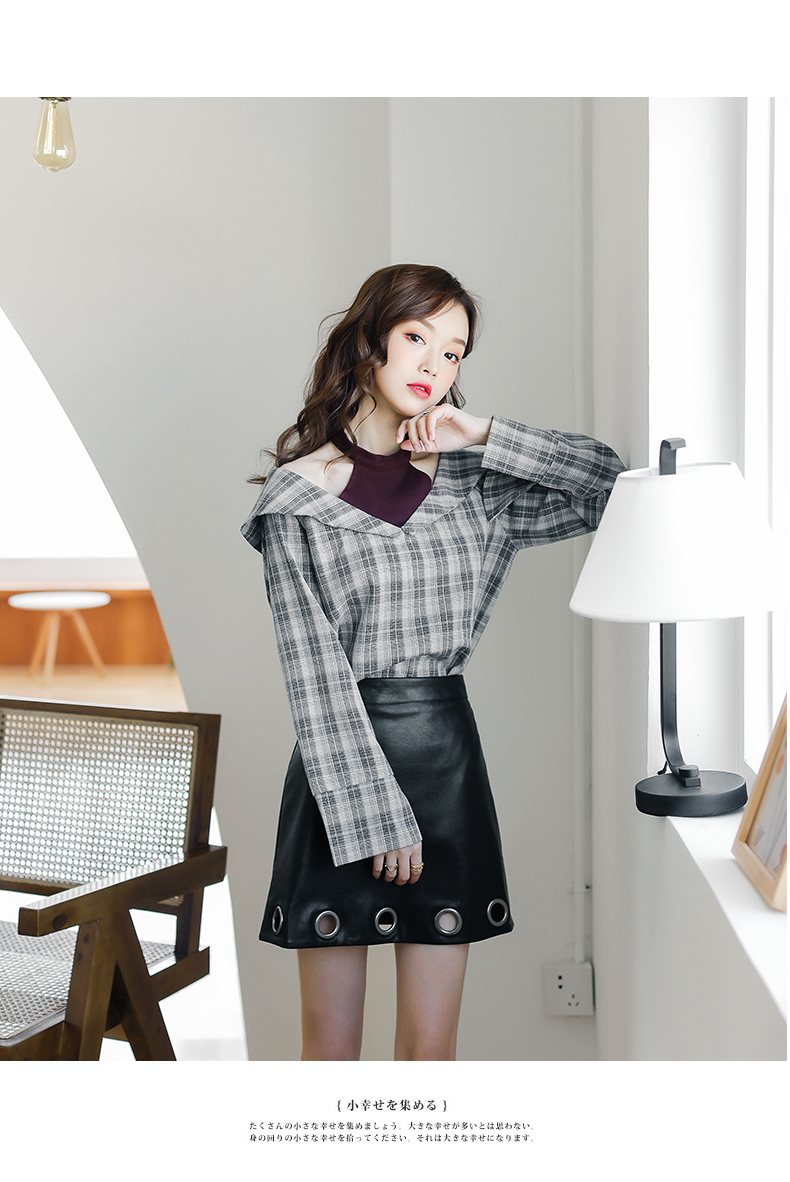 Áo sơ mi nữ mùa thu sang trọng retro Hồng Kông hương gió dài tay lỏng lẻo cổ áo rò rỉ vai Han Fan kẻ sọc áo sơ mi nữ - Áo sơ mi dài tay áo sơ mi sọc caro nữ tay dài