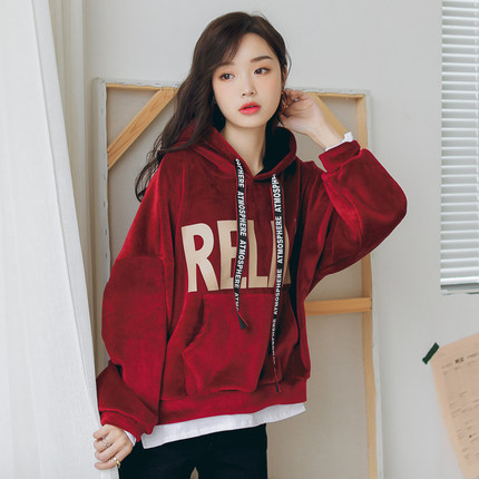 假两件双面绒加绒卫衣女金丝绒2018新款韩版