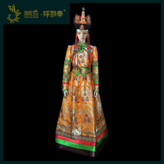 (Qingqing Workshop and Tai) Custom of Mongolian Fashion Dress National Gown Yellow Imitation Yunjin Original Design