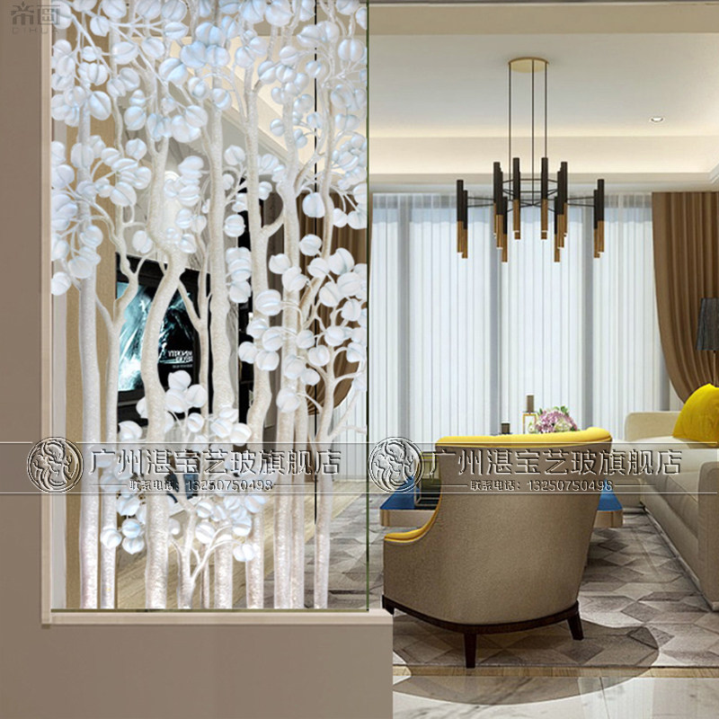 European art glass screen on both sides of the partition living room background wall custom process simple abstract moving door Silver tree