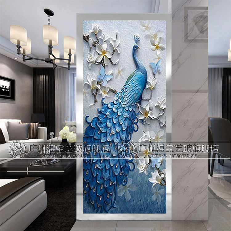 Customized screen partition TV background wall porch European frosted craft art glass peony living room Peacock map