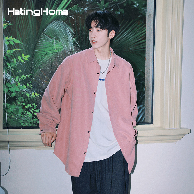 Hetinghome Fireworks! Spring Trendy Brand Couple's Pink Long-Sleeved Shirt, Loose Fit Men's Shirt for Layering or Wearing Alone