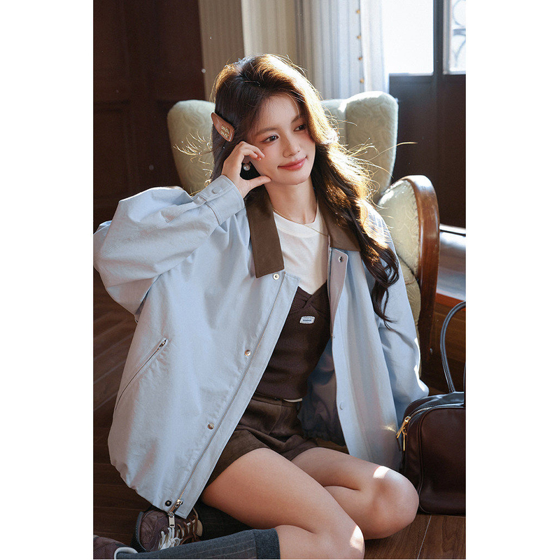Lan 26 Models of the "Laf Weekly" American Retro Color-Blocked Lapel All-Cotton Twill Short Casual Jacket