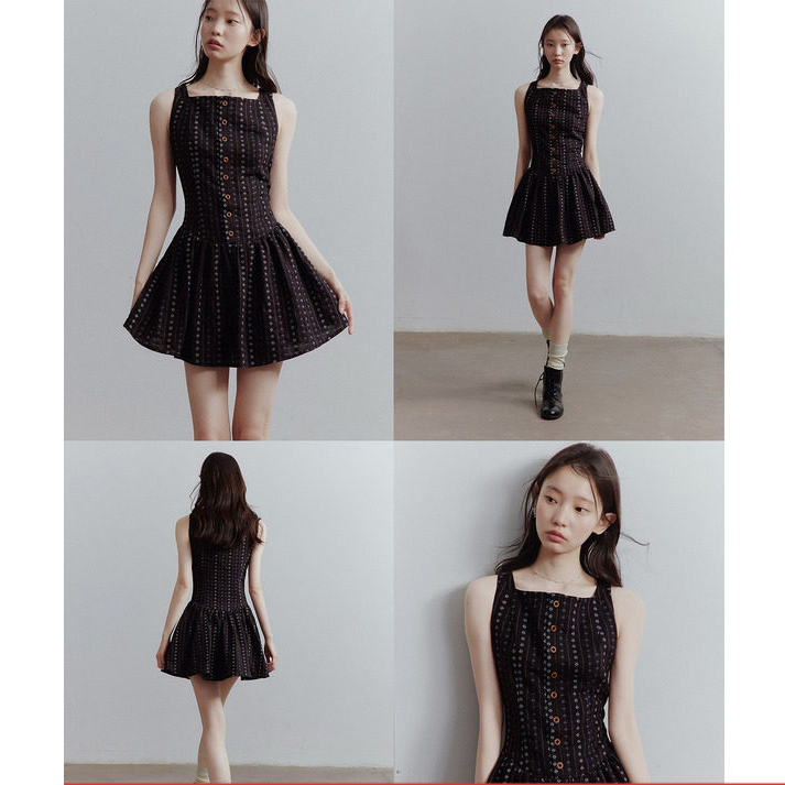 Lan 26 Dolomiti Night Series_100% Cotton+Heavy Jacquard Yarn_Distressed Floral Square Neck Dress