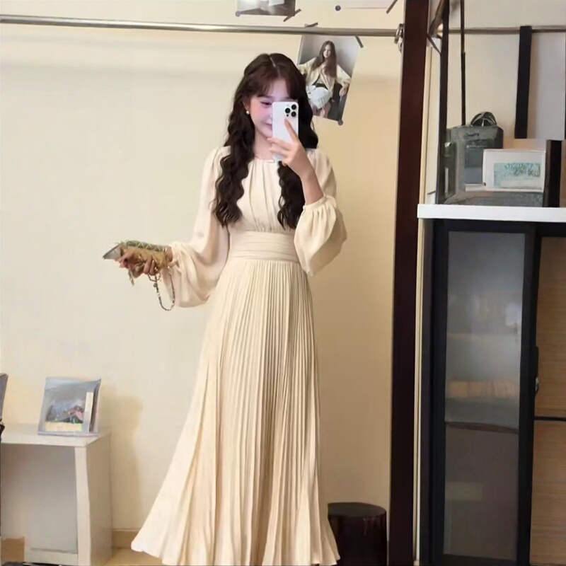 2025 Lantern Sleeve French Long Sleeve Dress in Apricot Color, Gentle Autumn Niche Long Dress, Long Sleeve Dress