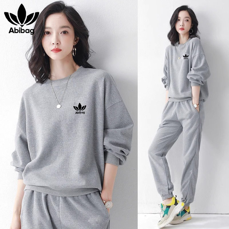 [Official Authentic] Waffle Knit Sweatshirt Set for Women, Spring and Autumn Fashion, Round Neck, Long Sleeve, Casual Running Outfit, Two-Piece Set