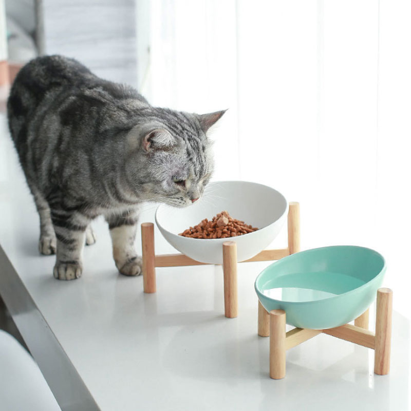 Cat bowl dog bowl cat oblique mouth bowl ceramic solid wood hanging cervical vertebra water bowl food bowl simple high kitten food bowl water