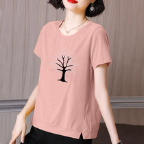 2022 womens new belly-covering t-shirt summer large size middle-aged mother cotton short-sleeved t-shirt womens loose top