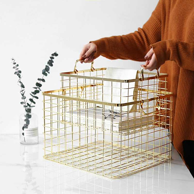 State life desktop snack finishing basket large dirty clothes basket portable storage basket ins Nordic iron golden storage basket