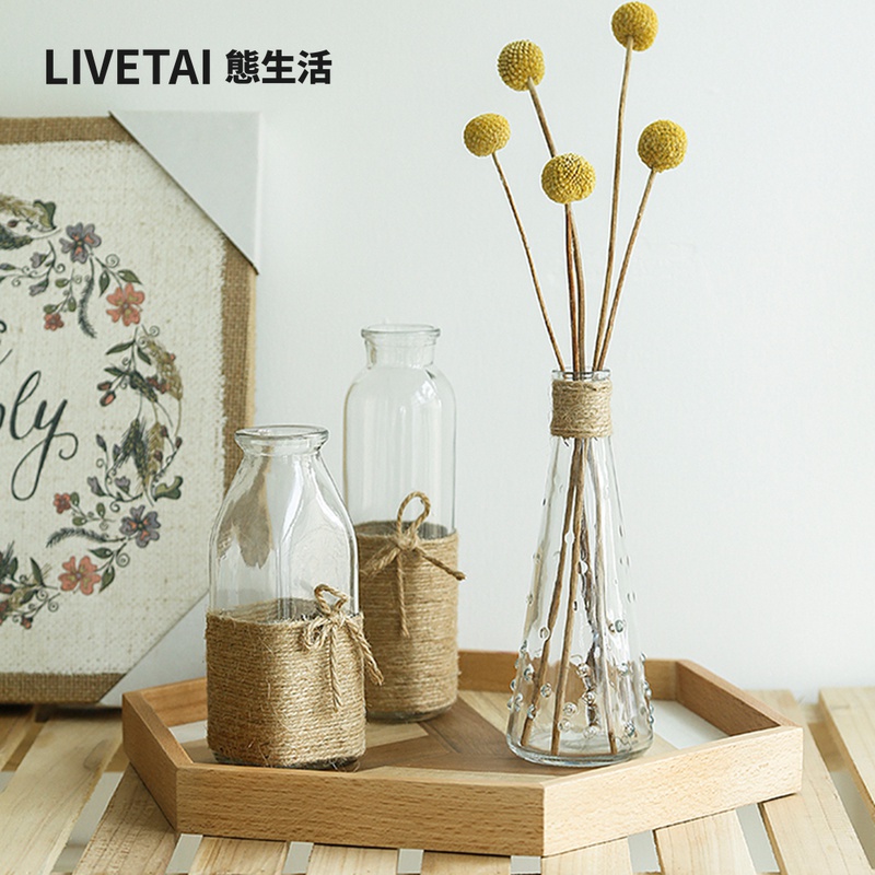 Life hemp rope glass transparent vase living room table table flower hydroponic flower device drying flower decoration small ornaments