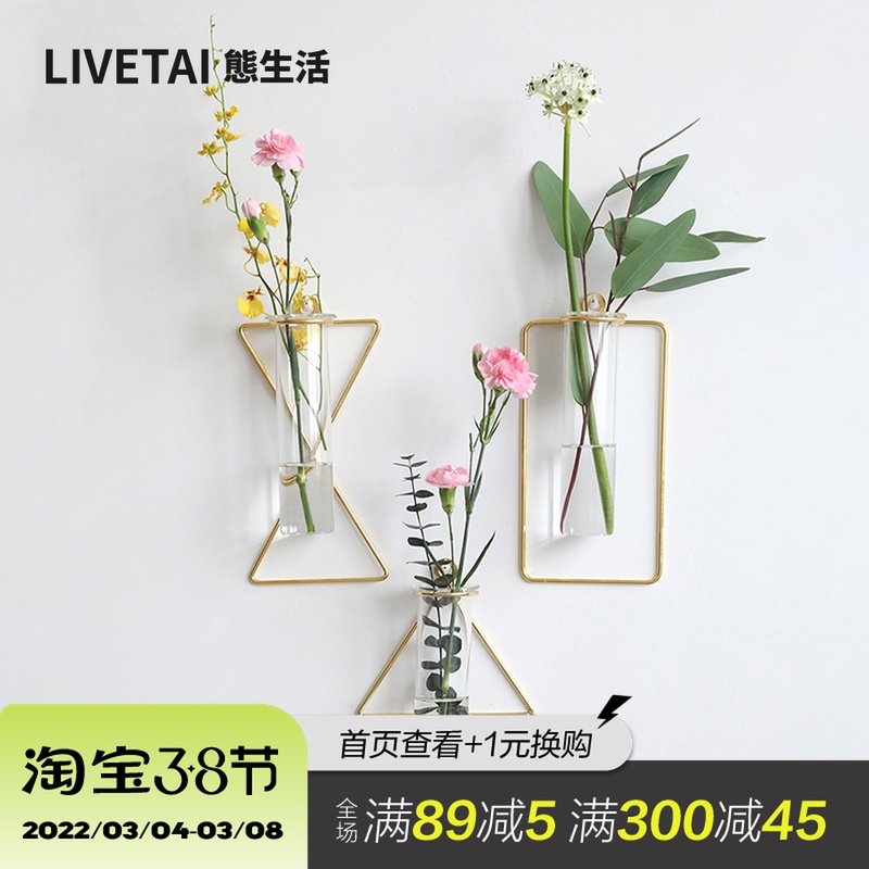 State Life Nordic Wind Golden Wall Hanging Accessories Wall-mounted Vase Hydroponic Background Wall Metal Light Lavish Living-room Bedroom