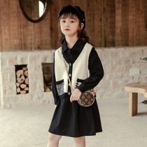 Brand retro big child dress cotton long girl suit autumn long sleeve shirt vest cardigan two-piece set