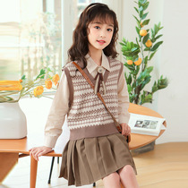 High-end female childrens clothing college style set 2021 autumn new suit Korean version of net red female childrens three-piece set