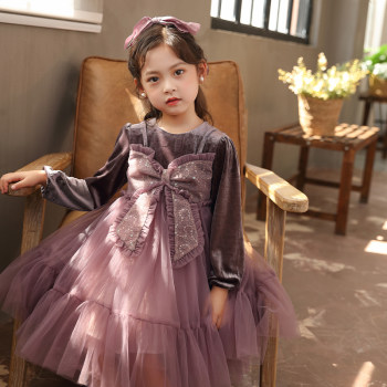 Girls' golden velvet skirt little girl foreign style 2022 autumn new middle and big children's bowknot sequin retro dress