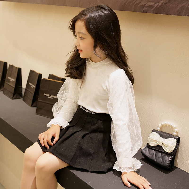 Girls' foreign-style leggings sequined mesh sleeves crewneck tops fall new kids versatile slim fit base T-shirts