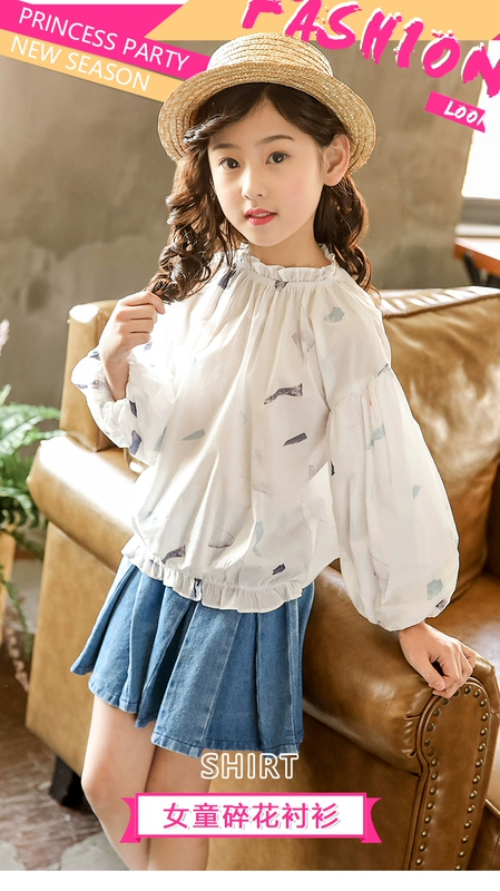 Áo sơ mi nữ cổ tròn 2019 mùa thu mới cho trẻ em lớn đèn lồng tay áo in áo trẻ em dài tay phiên bản Hàn Quốc - Áo sơ mi thời trang bé trai