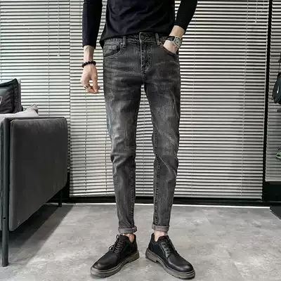 Autumn Tide brand washed casual jeans men Korean version of slim cat beard curl black elastic narrow pants