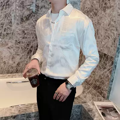 European station high-end non-ironing silk casual long-sleeved shirt male Slim retro dragon embroidered shirt Tide brand inch shirt