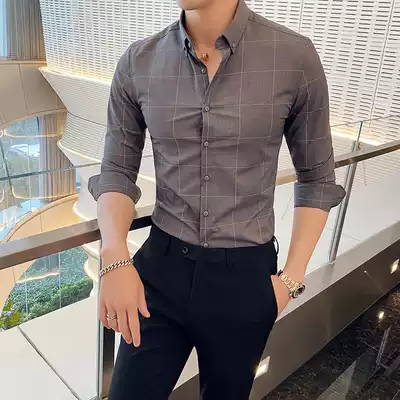 European station autumn Plaid long sleeve shirt men Korean version of Tide brand handsome business leisure inch shirt no ironing slim shirt