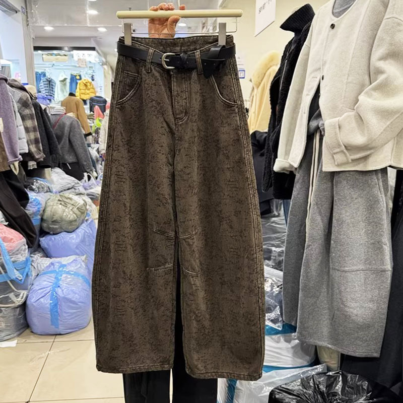 No.One Jeans6309 Retro Jacquard Wide-Leg Jeans for Women, Winter Composite Velvet Loose Micro-Arc Scimitar Pants