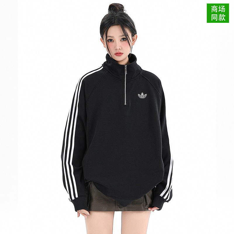 Classic Three-Stripe Sweatshirt, Pure Cotton, Unisex, Stand-Up Collar, Half-Zip, Loose Fit, 410g American-Style Heavyweight Pullover, Trendy