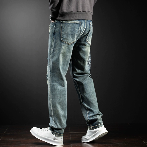 Эластичные джинсы, модные ретро штаны, с вышивкой, свободный прямой крой, в корейском стиле