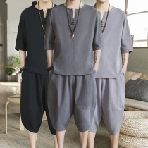 Summer Capri pants linen set men Chinese style cotton linen short sleeve T-shirt base shirt half sleeve beach pants trend