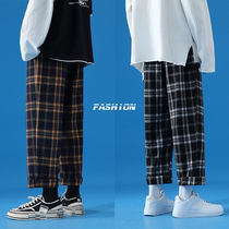 2021 Autumn New Hong Kong style casual pants mens Korean version of loose straight tube lattice pants couple vertical feeling wide leg pants trend