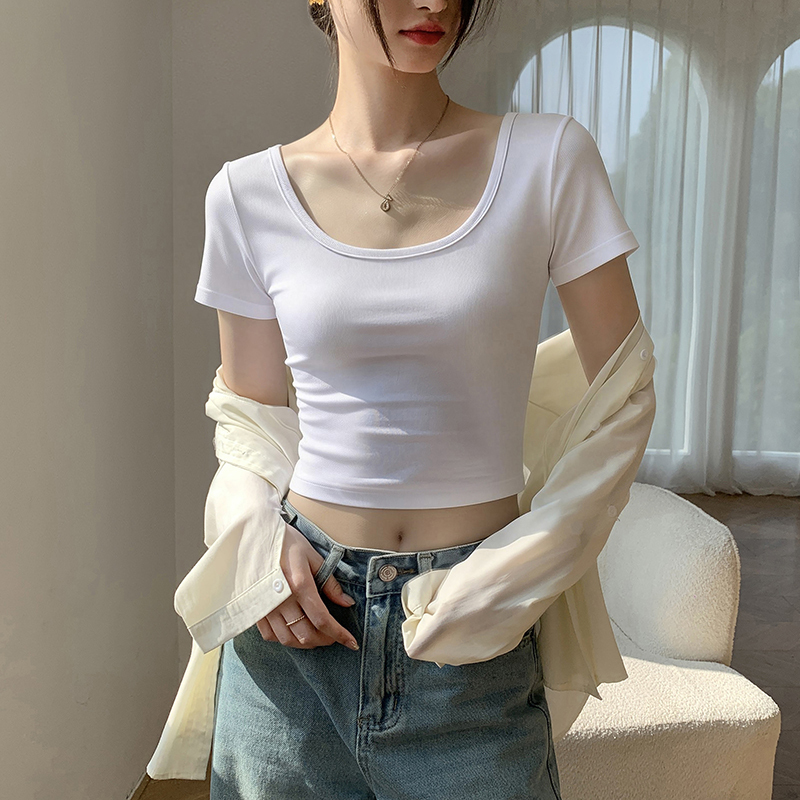 White Short Double U-Neck T-Shirt for Women, Short-Sleeved, Spring/Summer, Pure Cotton, Petite, Korean Style, Slim-Fit, Regular Shoulder, Tight-Fitting, Crop Top White Short Double U-Neck T-Shirt for Women, Short-Sleeved, Spring/Summer, Pure Cotton, Petite, Korean Style, Slim-Fit, Regular Shoulder, Tight-Fitting, Crop Top