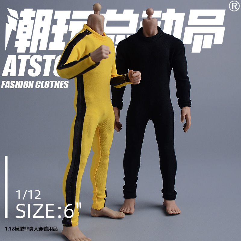 [Trendy Toy Collection] 1/12 Action Figure Tight-Fitting Jumpsuit Bruce Lee Yellow One-Piece Suit Kung Fu Outfit Black Base Layer